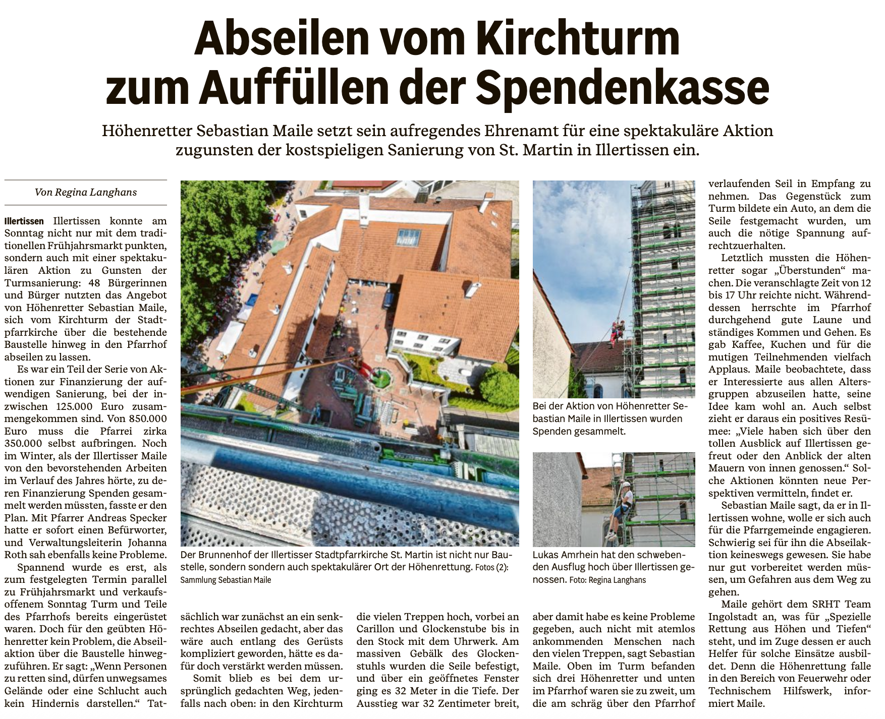 Sebastian Maile, Presseartikel zum Abseilen vom Kirchturm St. Martin